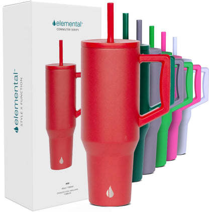 Elemental 40 oz Tumbler with Handle and Straw - Spill Proof Insulated Stainless Steel Commuter for Hot and Cold Beverages - Travel Coffee Mug with 2 Straws & Spill Proof Lid - 40oz - Red