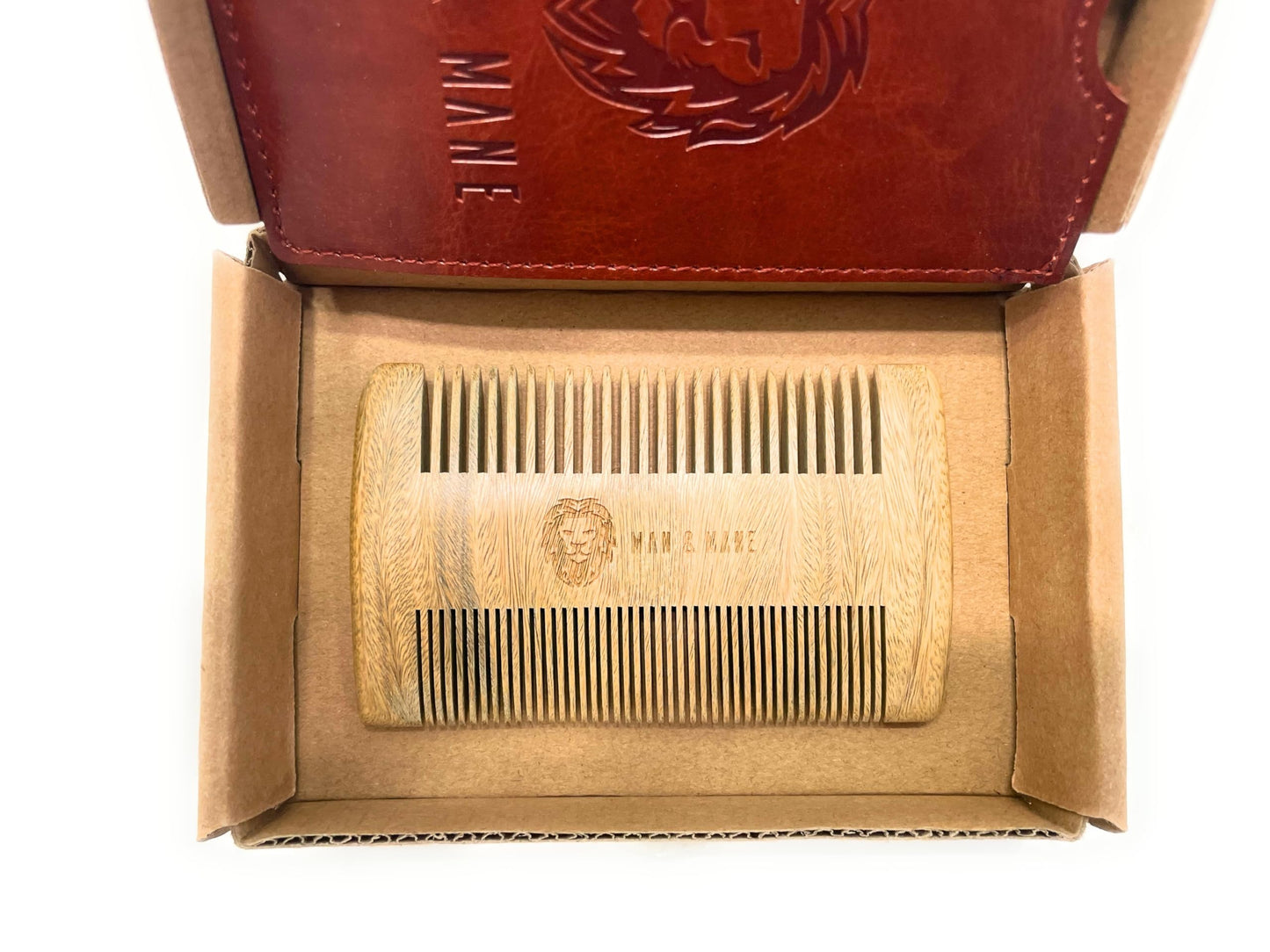 Premium Natural Green Sandalwood Dual-Action Beard Comb with Protective Case – the Perfect Beard & Mustache Grooming Companion & Gift for Men – by Man & Mane