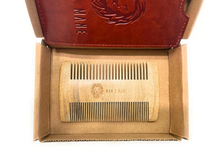 Premium Natural Green Sandalwood Dual-Action Beard Comb with Protective Case – the Perfect Beard & Mustache Grooming Companion & Gift for Men – by Man & Mane