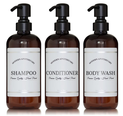Amber Refillable Shampoo and Conditioner Bottles - Body Wash, Shampoo and Conditioner Dispenser - PET Plastic Shampoo Bottles Refillable with Pump - Waterproof Labels - 16 oz, 3 Pack (Black Satin)