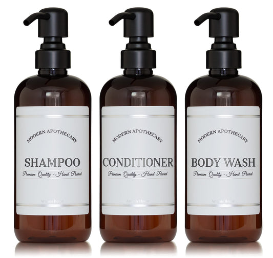 Amber Refillable Shampoo and Conditioner Bottles - Body Wash, Shampoo and Conditioner Dispenser - PET Plastic Shampoo Bottles Refillable with Pump - Waterproof Labels - 16 oz, 3 Pack (Black Satin)
