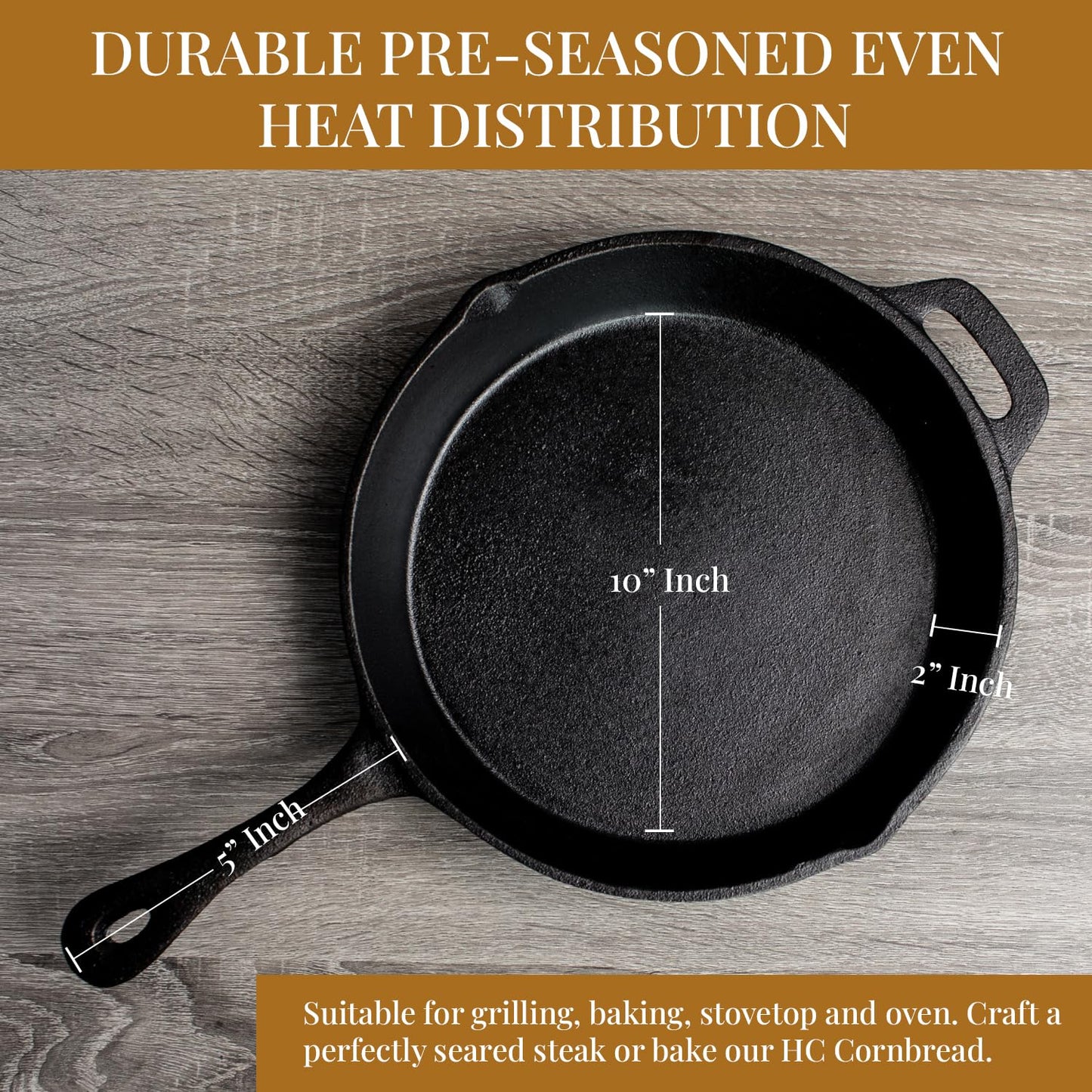 Hamilton Cornerstore Cast Iron Skillet, Pre-Seasoned Cast Iron Skillet with 2 Handles, NEW Signature Embossed Logo Preseasoned Pan, Pour Spouts for Searing, Baking, Grilling, Roasting, (10 inch)