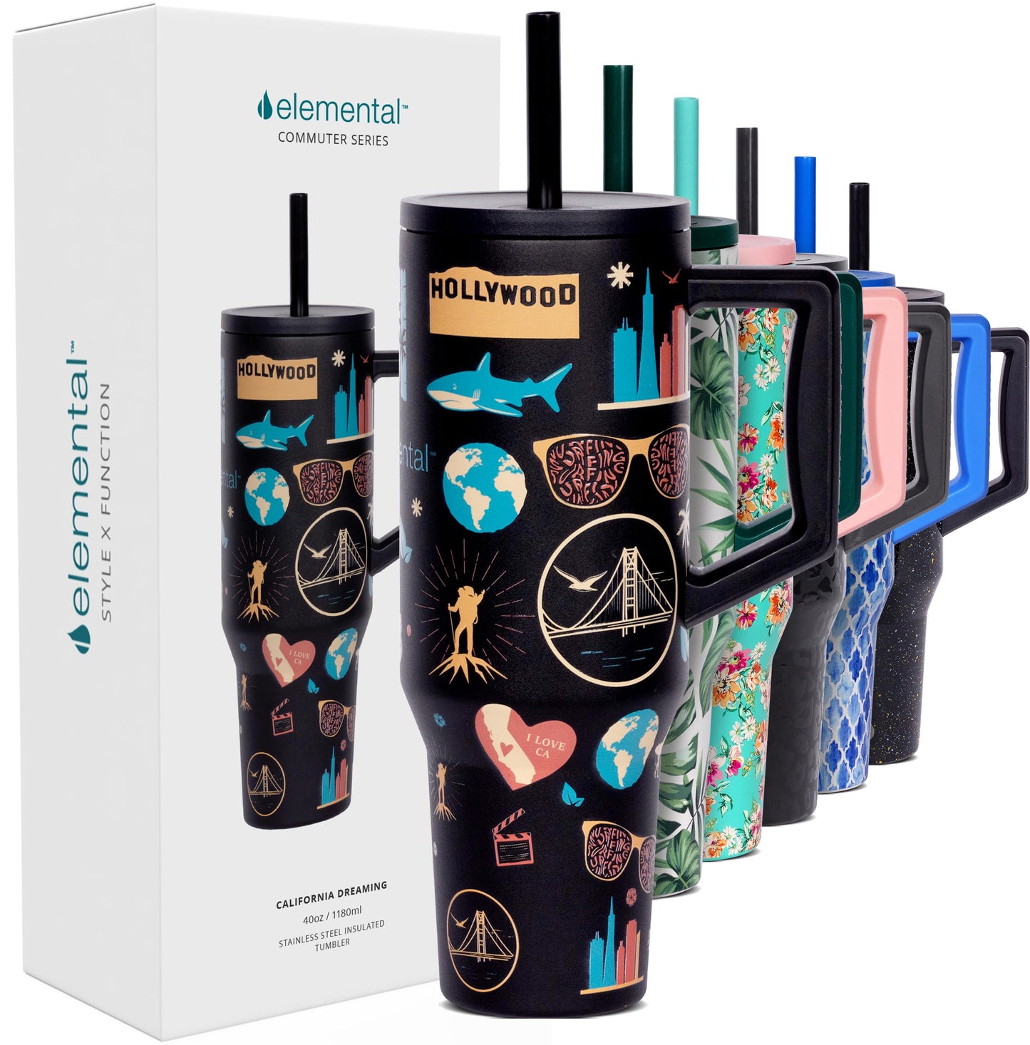 Elemental 40 oz Tumbler with Handle and Straw - Spill Proof Insulated Stainless Steel Commuter for Hot and Cold Beverages - Travel Coffee Mug with 2 Straws & Spill Proof Lid - 40oz-California Dreaming