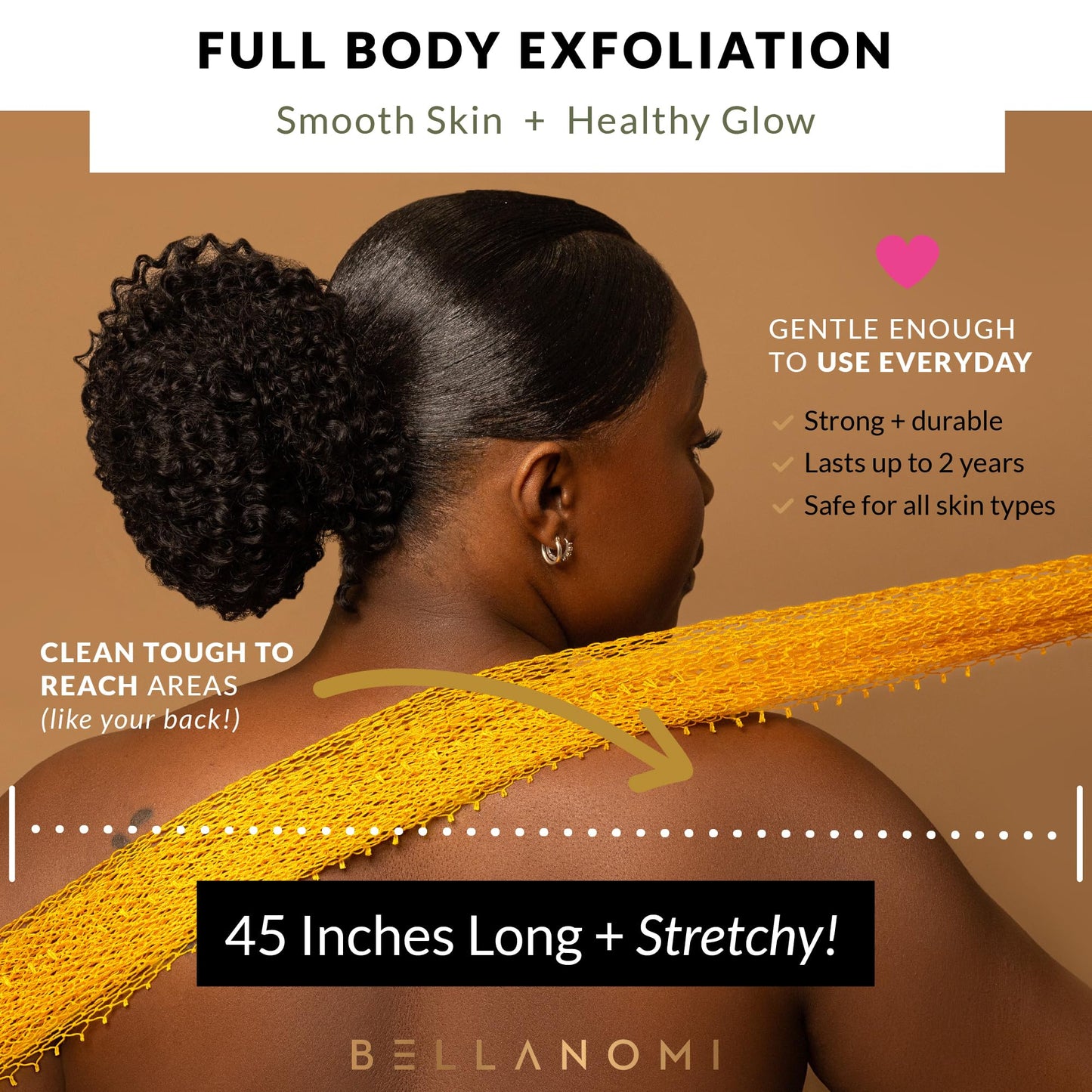 BELLANOMI African Exfoliating Net Sponge, Authentic, Ethically sourced from Nigeria, 45 inches Long, Back Scrubber for Daily use (Yellow)