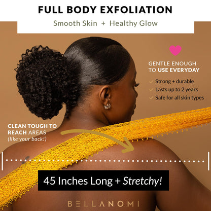 BELLANOMI African Exfoliating Net Sponge, Authentic, Ethically sourced from Nigeria, 45 inches Long, Back Scrubber for Daily use (Yellow)