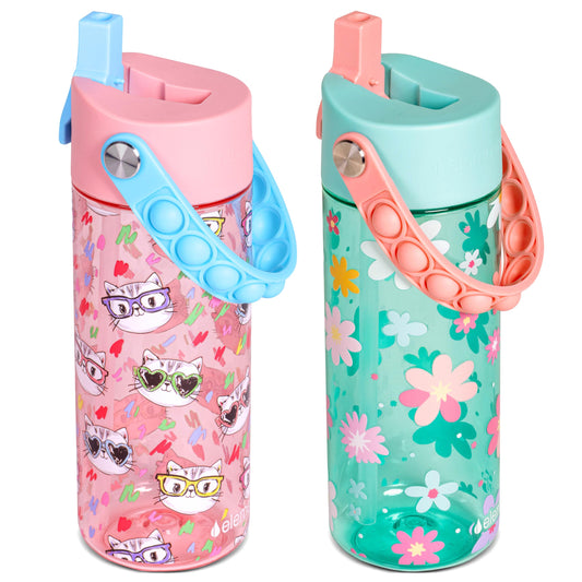 Elemental Leak Proof Water Bottles for Kids - Splash Kids Water Bottle for School with Pop-it Handle - Tritan Plastic Water Bottle with Straw - Stylish Cat & Spring Blossom - 18oz (2 Pack)