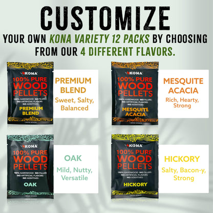 Kona Build Your Own Wood Smoker Pellet Variety Pack - Mini Smoker Pellets - Single Use Bags - Choose Your Favorite Flavors - Mix and Match Set - Set of 12 - BBQ Smoker Pellet Bags