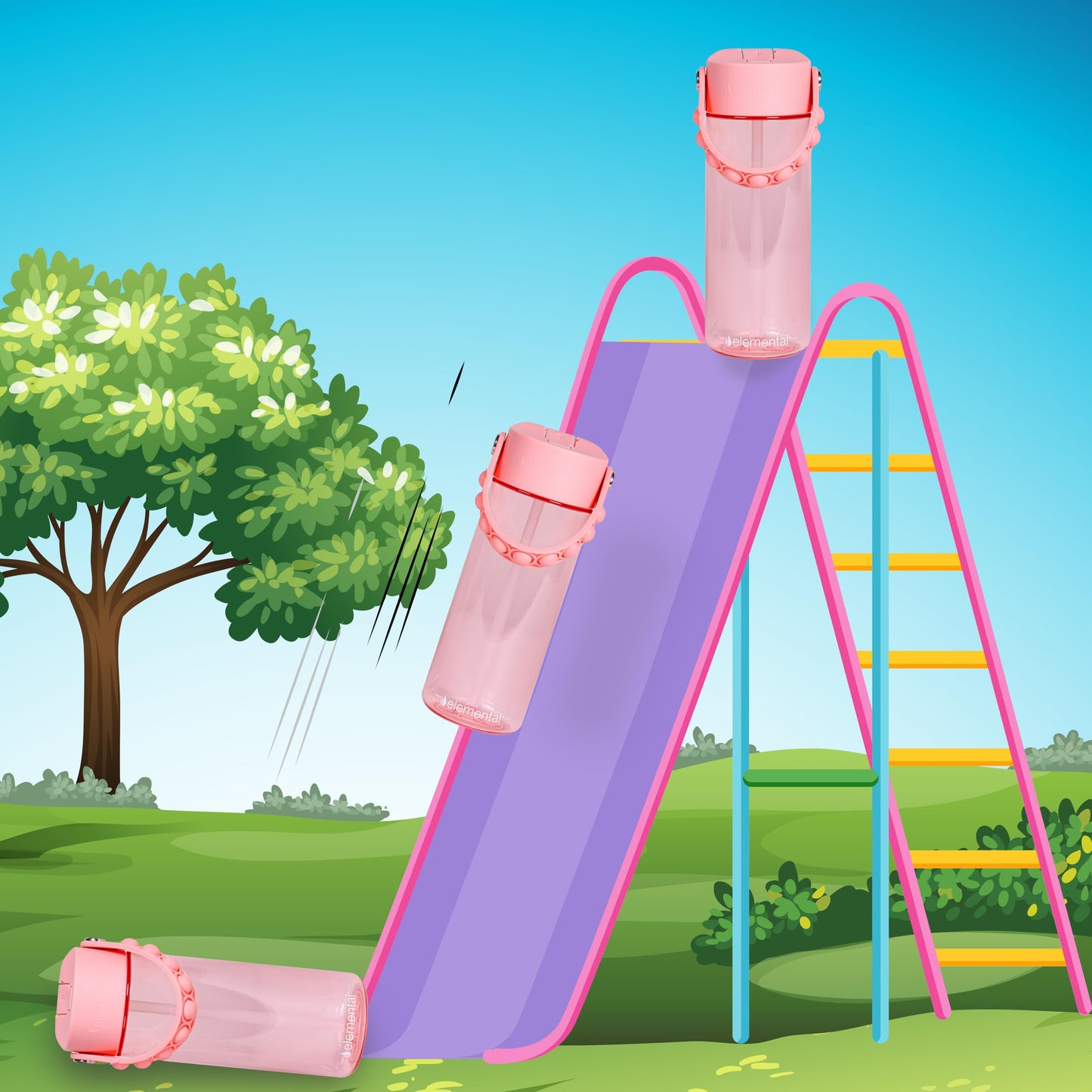 Elemental Leak Proof Water Bottles for Kids - Splash Kids Water Bottle for School with Pop-it Handle - BPA Free Tritan Plastic Reusable Water Bottle with Straw - Pink - 18oz