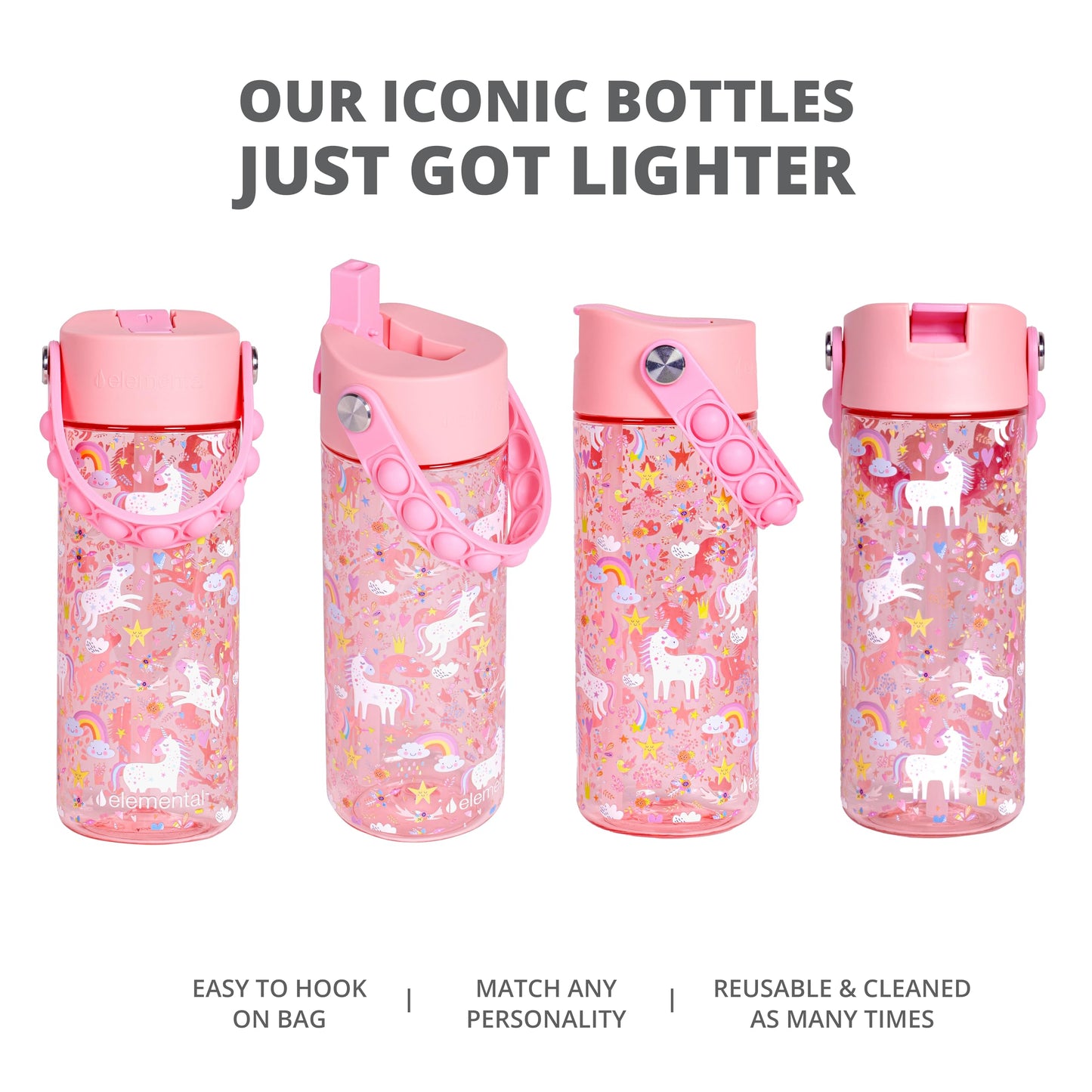 Elemental Leak Proof Water Bottles for Kids - Splash Kids Water Bottle for School with Pop-it Handle - BPA Free Tritan Plastic Reusable Water Bottle with Straw - Pink Unicorn - 18oz
