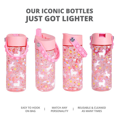 Elemental Leak Proof Water Bottles for Kids - Splash Kids Water Bottle for School with Pop-it Handle - BPA Free Tritan Plastic Reusable Water Bottle with Straw - Pink Unicorn - 18oz