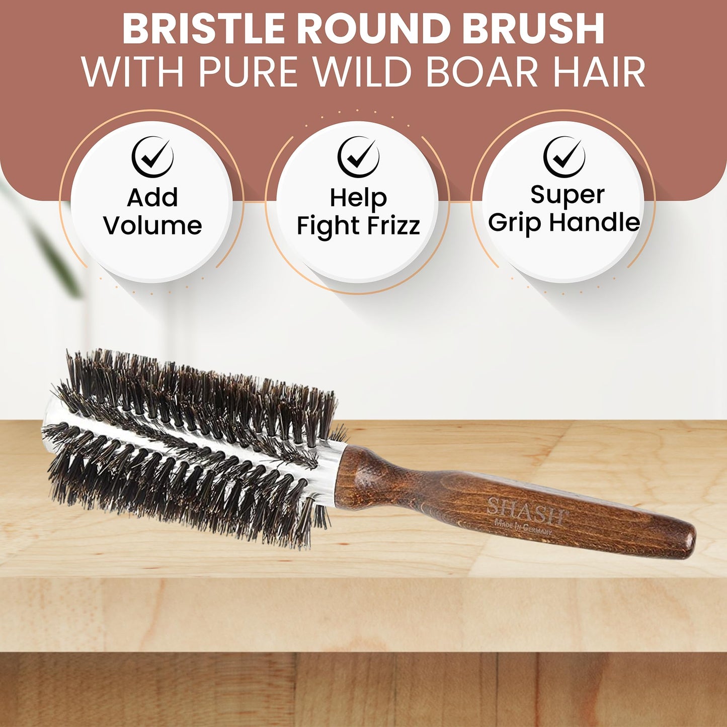 Since 1869 Hand Made In Germany Professional Series Boar Bristle Round Brush - Add Volume, Help Fight Frizz - Super-Grip Handle for Easy Styling - Eco-Sour (Large)