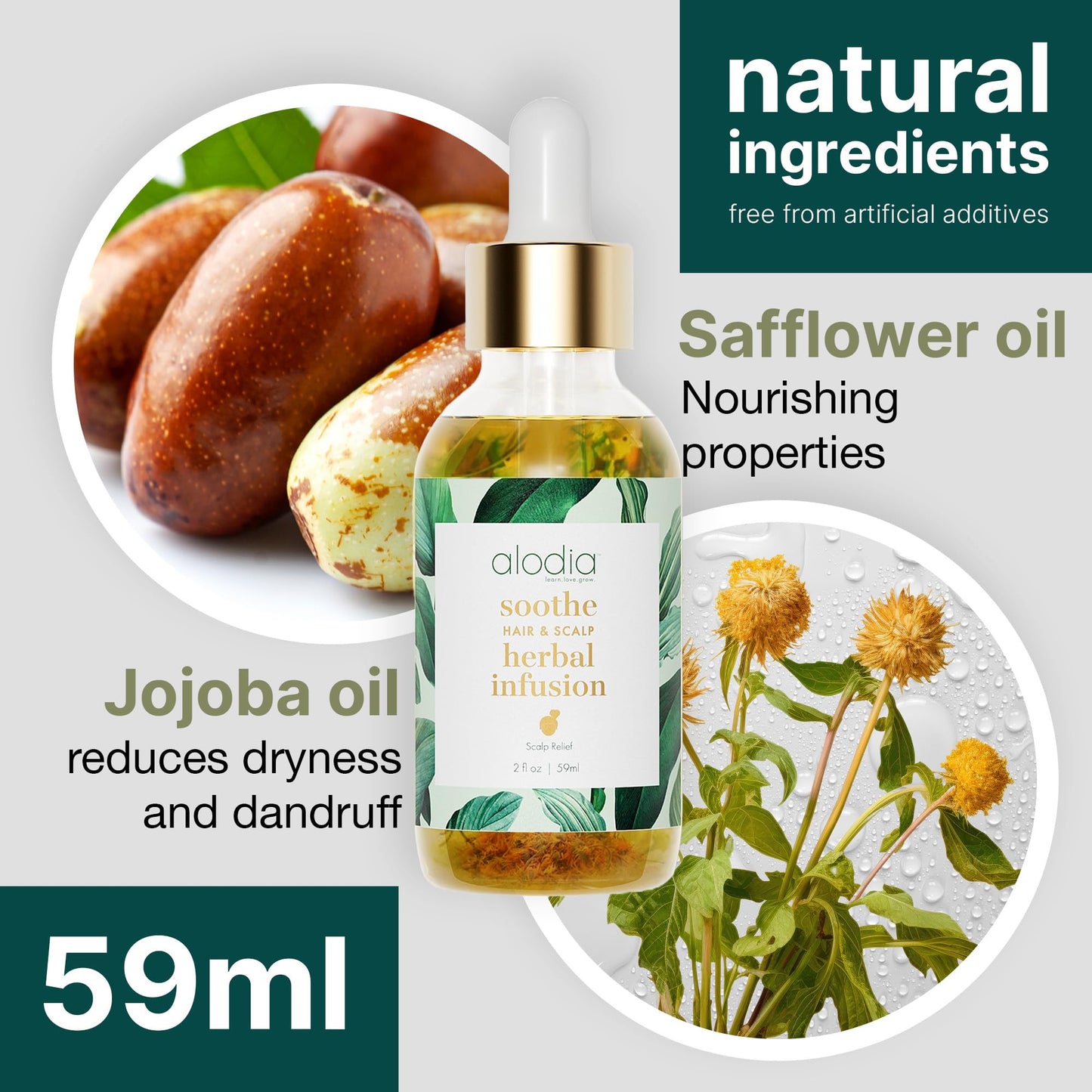 Alodia Soothe Hair & Scalp Herbal Infusion - 2 oz Leave-on Scalp Oil Serum to Calm Dry, Irritated & Flaking Scalps - with Chamomile, Jojoba Oils, Egyptian Calendula Flowers & Safflower - Nut-free