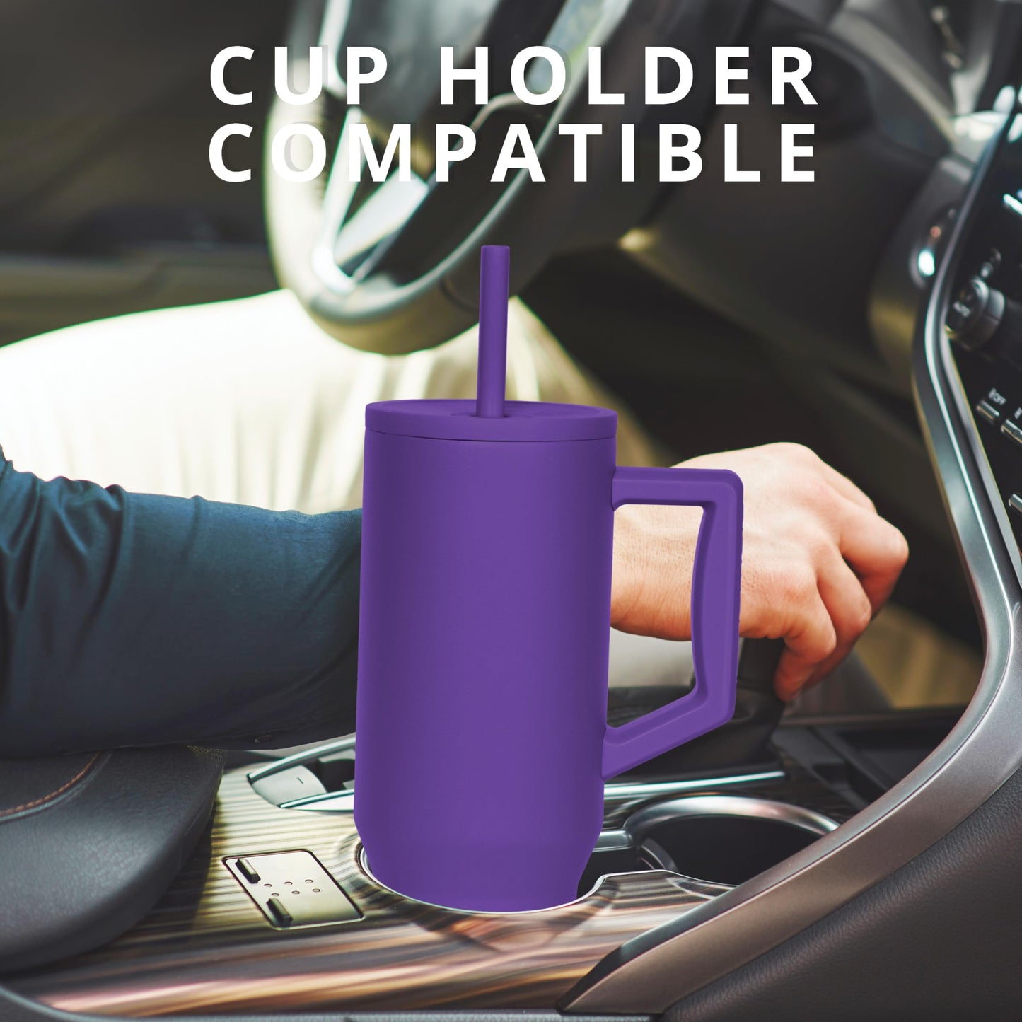 Elemental 40 oz Tumbler with Handle and Straw - Spill Proof Insulated Stainless Steel Commuter for Hot and Cold Beverages - Travel Coffee Mug with 2 Straws & Spill Proof Lid - 40oz - Purple