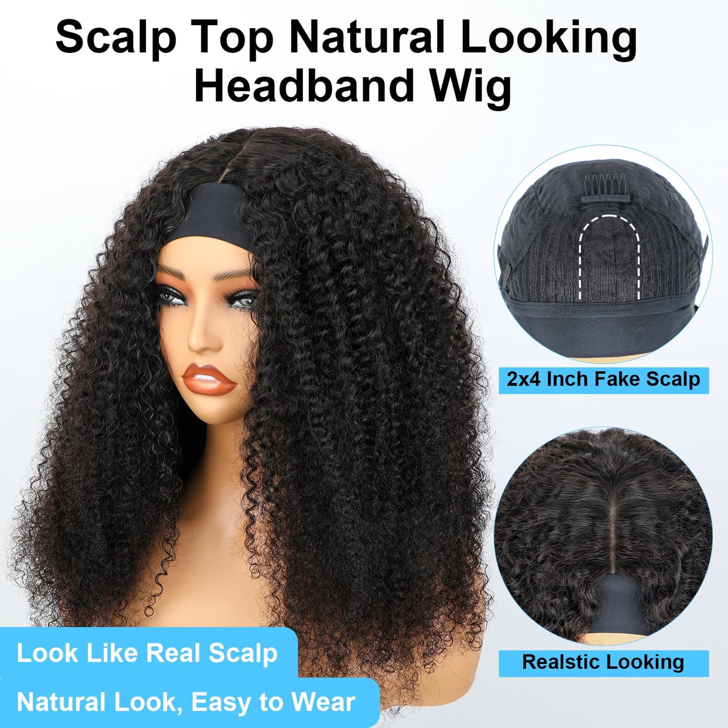 BLY Afro Curly Headband Wig Human Hair with Natural Scalp Top Middle Part Headband Wig for Women 180% Density 10A Grade Mongolian Afro Kinky Curly Hair Glueless Wig 16 Inch