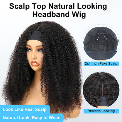 BLY Afro Curly Headband Wig Human Hair with Natural Scalp Top Middle Part Headband Wig for Women 180% Density 10A Grade Mongolian Afro Kinky Curly Hair Glueless Wig 16 Inch
