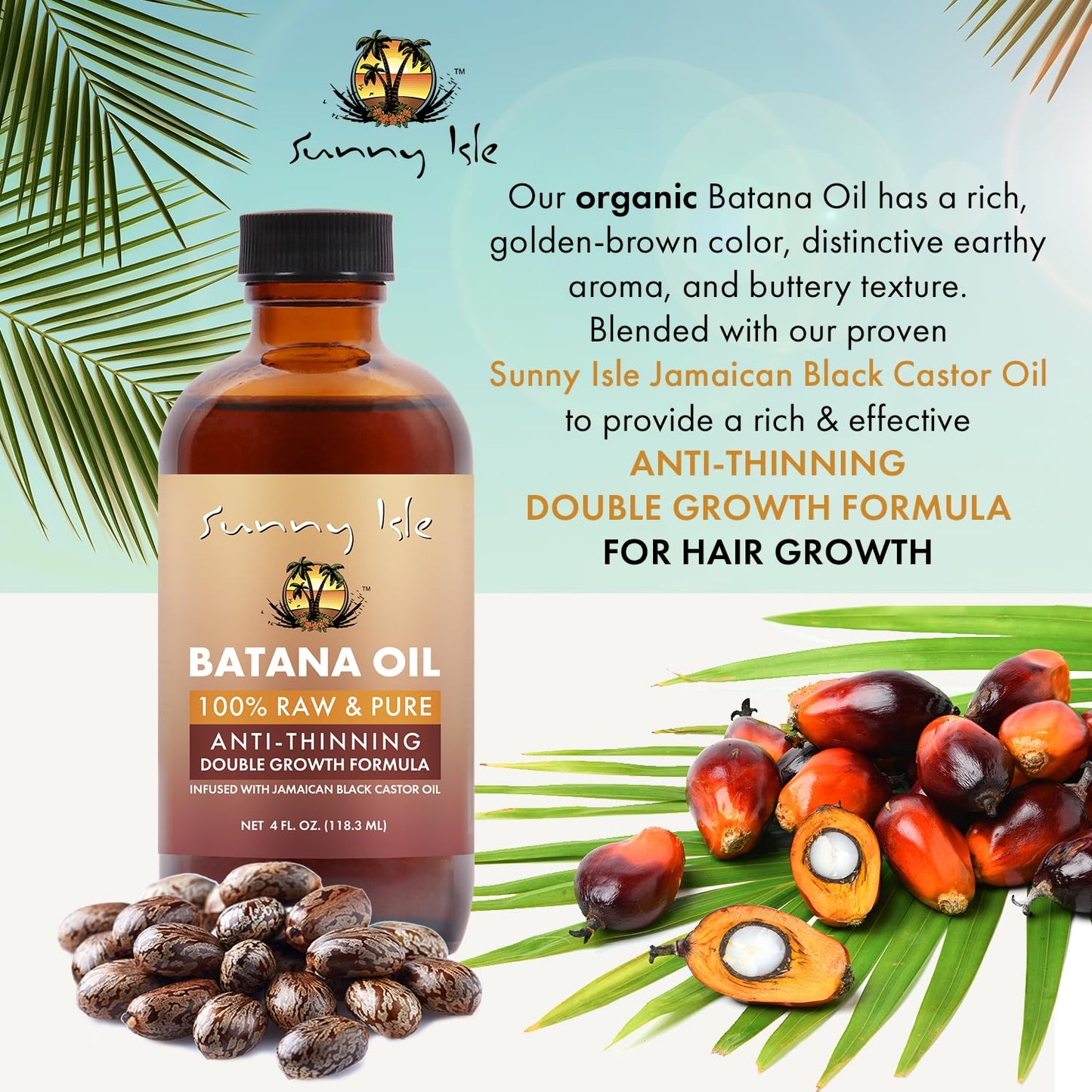 Sunny Isle Batana Oil Infused with Jamaican Black Castor Oil 4oz | Anti-Thinning Double Growth Formula