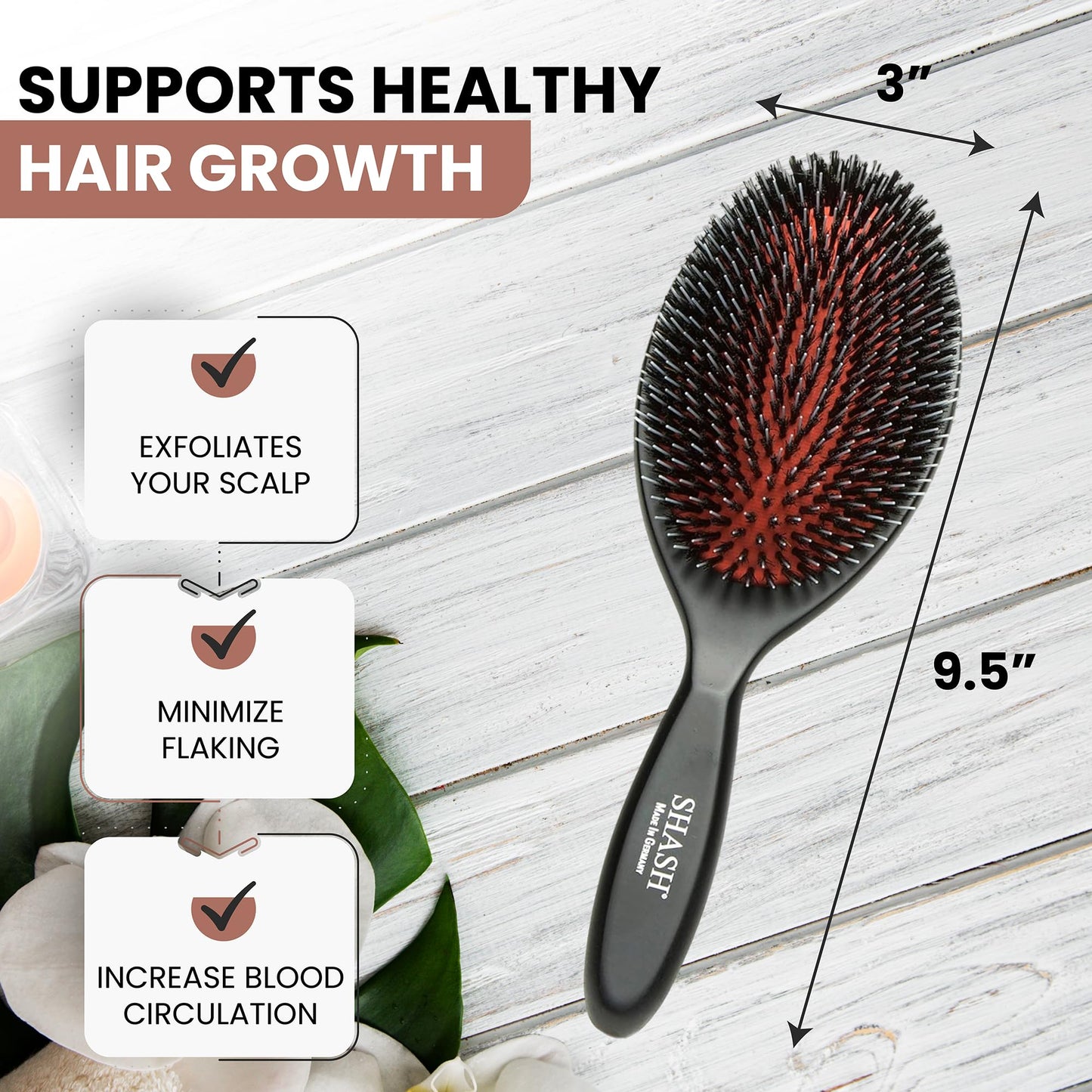 Since 1869 Hand Made In Germany - Nylon Boar Bristle Brush Suitable For Normal to Thick Hair - Gently Detangles, No Pulling or Split Ends - Softens and Improves Texture, Stimulates Scalp (Large)