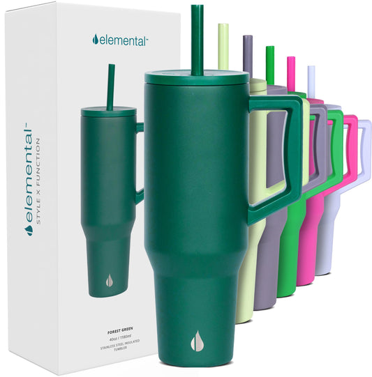 Elemental 40 oz Tumbler with Handle and Straw - Spill Proof Insulated Stainless Steel Commuter for Hot and Cold Beverages - Travel Coffee Mug with 2 Straws & Spill Proof Lid - 40oz - Forest Green