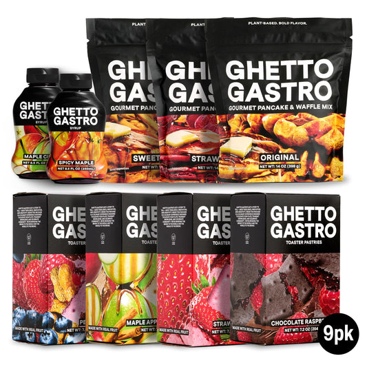 Ghetto Gastro Stock Up 9-Pack Bundle (Original, Sweet Potato, & Strawberry Pancake & Waffle Mix - Maple Cider & Spicy Maple Syrup - Strawberry, Chocolate Raspberry, Maple Apple Cinnamon and Peanut Butter & Jelly Toaster Pastries) - Vegan & Non-GMO Ingredi