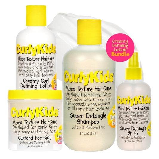 CurlyKids Creamy Defining Lotion Bundle for Kids - Complete Hair Care Set with Detangle Shampoo, Detangle Spray, Curl Lotion, & Custard - Gentle & Moisturizing Formula for Curly, Kinky, & Frizzy Hair