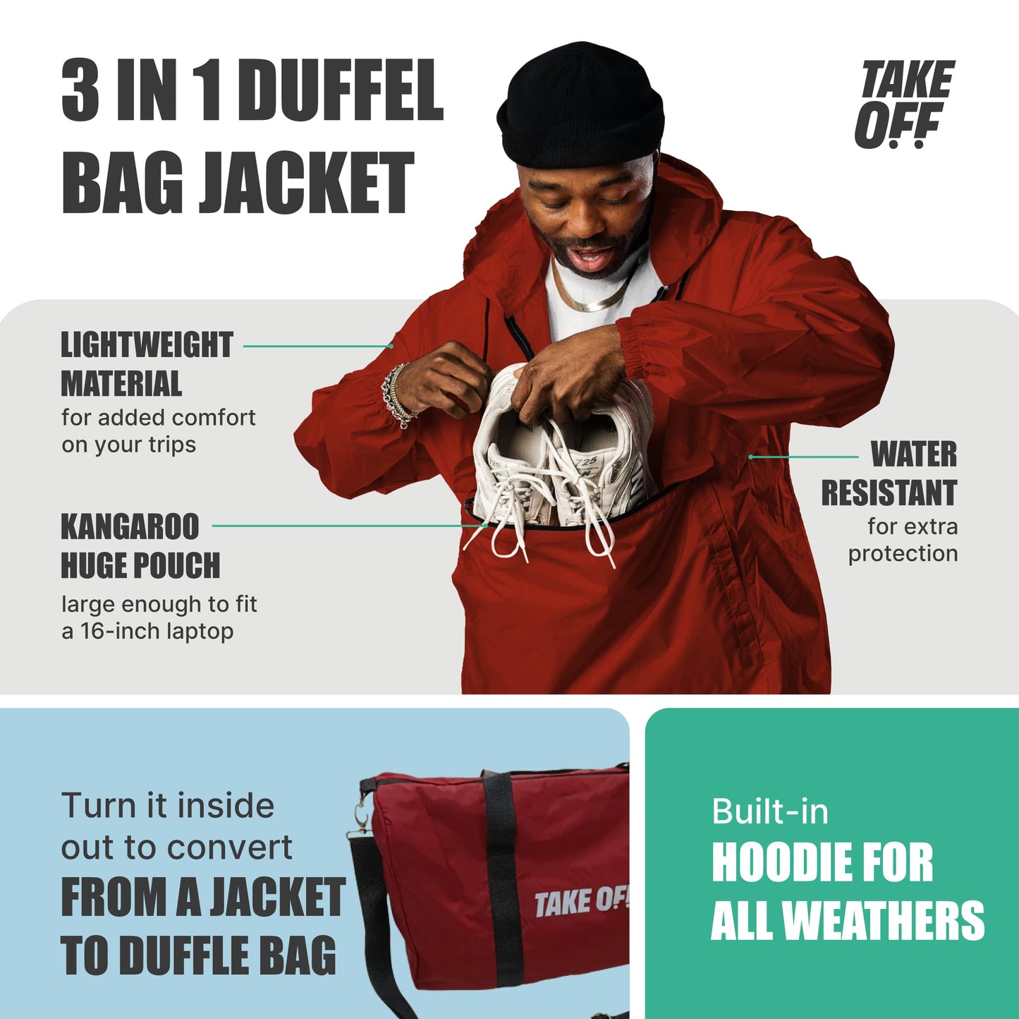 TAKE OFF Luggage - 3 in 1 Duffle Bag, Large Pocket Jacket or Pouch, Lightweight Oversized Windbreaker, Convertible Waterproof Garment, Personal Item & Carry On Accessories for Travel Essentials, Red