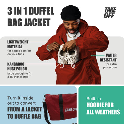 TAKE OFF Luggage - 3 in 1 Duffle Bag, Large Pocket Jacket or Pouch, Lightweight Oversized Windbreaker, Convertible Waterproof Garment, Personal Item & Carry On Accessories for Travel Essentials, Red
