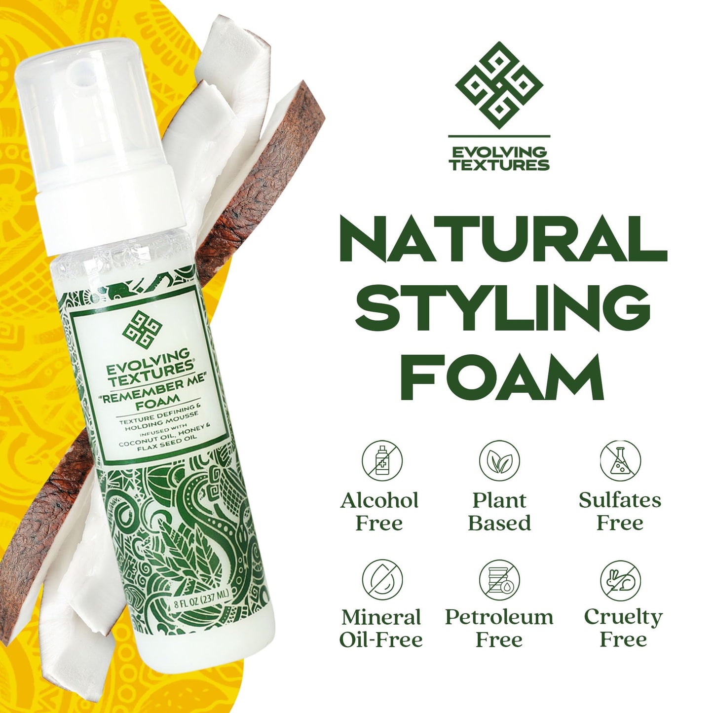 Evolving Textures Remember Me Styling Foam and Holding Mousse for Curly Hair, Curl Leave In with Coconut Oil & Aloe Vera, Go Big & Bold with Moisturizing and Curl Defining Hair Mousse 8 fl. oz.