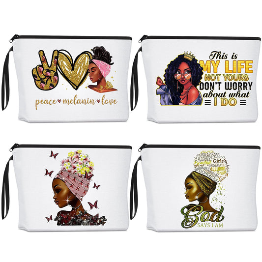 Roowest 4 Pcs African American Makeup Bag Black Women Cosmetics Bag Inspirational Gifts Travel Zippered Toiletry Bag Canvas Makeup Pouch Reusable Multi Purpose Organizer for Women Lady
