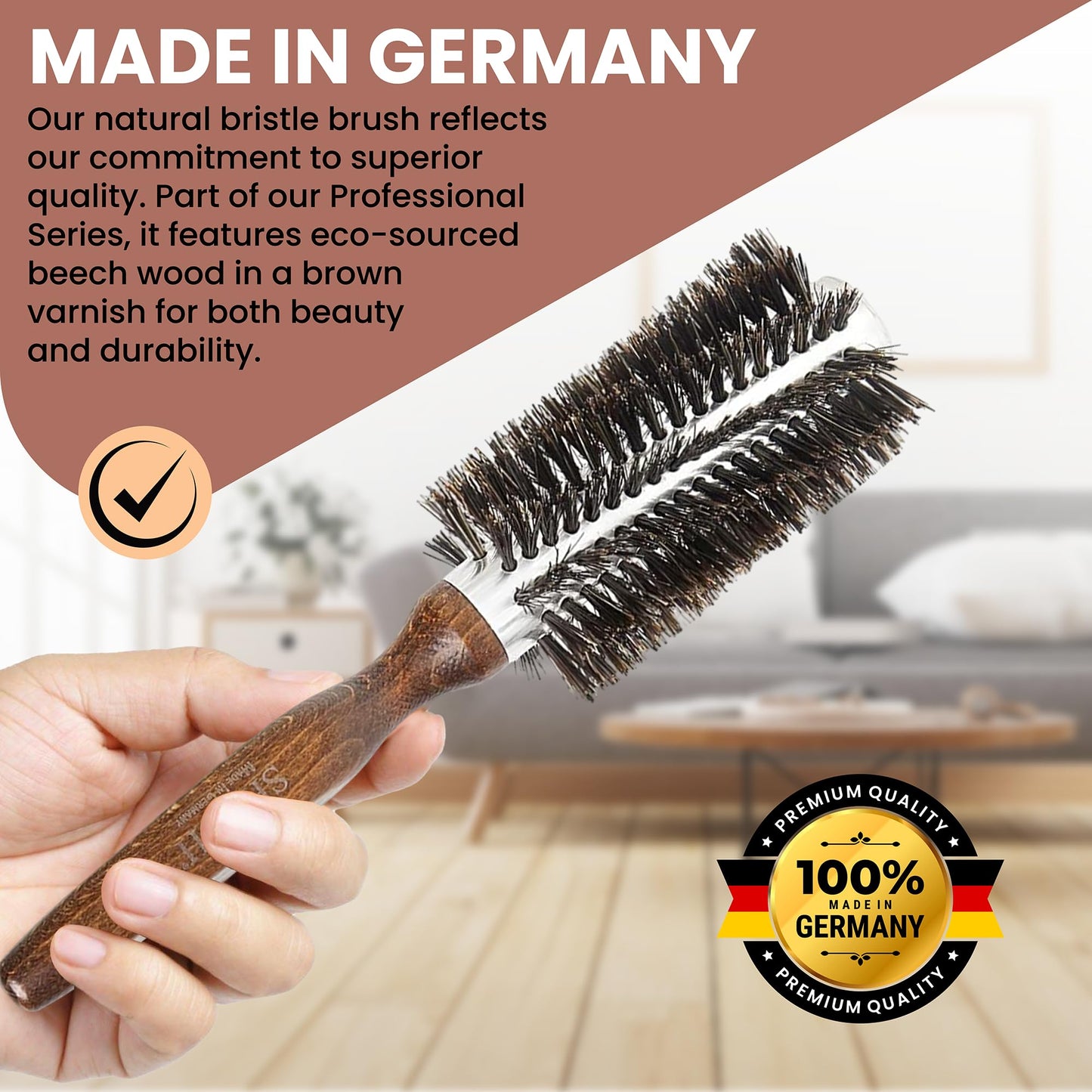 Since 1869 Hand Made In Germany Professional Series Boar Bristle Round Brush - Add Volume, Help Fight Frizz - Super-Grip Handle for Easy Styling - Eco-Sour (Large)