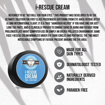 Game Face Grooming i-Rescue Cream – Eye Moisturizer | Firm and Moisturize Under Eye Wrinkles & Bags | Infused With Caffeine & Vitamin C | Every Day Use To Combat Aging Or Looking Fatigued | .5 fl oz