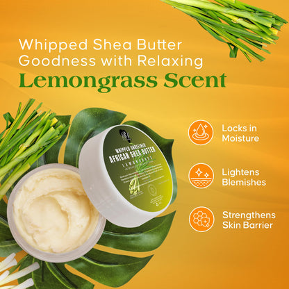 RA COSMETICS Whipped Shea Butter Lemongrass - 100% Pure and Natural African Shea Butter - Handcrafted Moisturizer with Essential Vitamins for Radiant Skin and Luscious Hair - 12oz Jar
