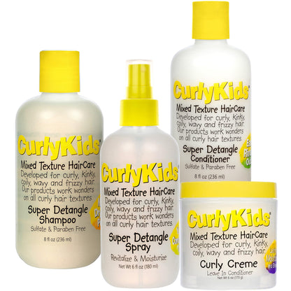 CurlyKids Textured Hair Care Set with Hair Detangler Spray, Kids Shampoo, Conditioner & Creme for Curly, Frizzy, & Wavy Hair | Sulfate & Paraben-Free Formula to Detangle, Hydrate, and Revitalize Curls