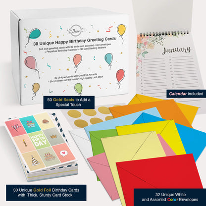 Dessie 30 Unique Happy Birthday Cards 5x7 - Gold Foil Birthday Cards Bulk With Message Inside. 32 White and Colored Envelopes, Perpetual Birthday Calendar and Gold Sealing Stickers Included In Box