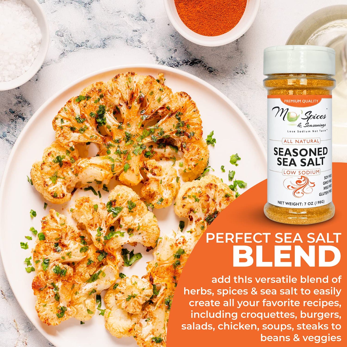 Mo'Spices & Seasonings - Seasoned Sea Salt, Low Sodium, All Purpose - 8 oz bottle