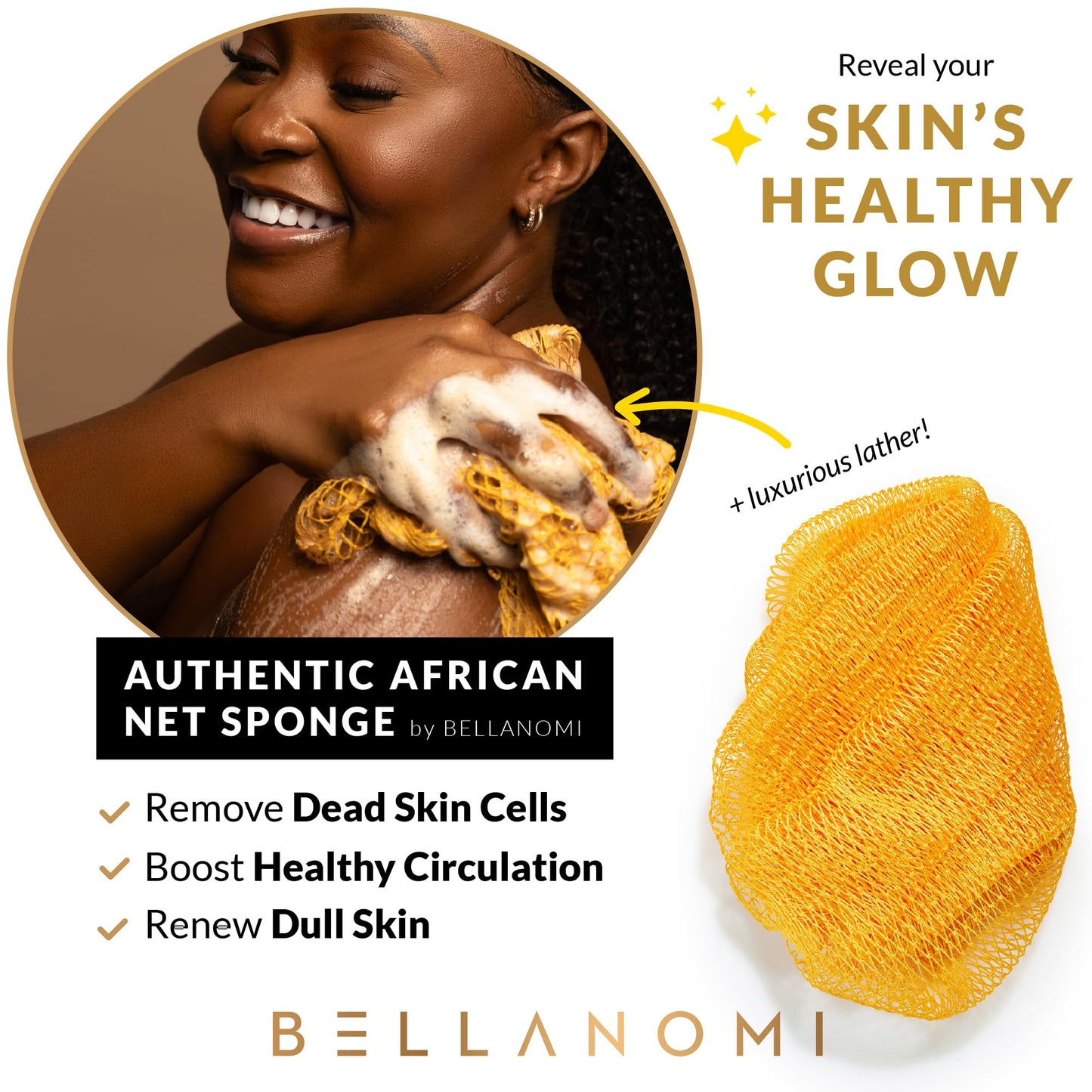 BELLANOMI African Exfoliating Net Sponge, Authentic, Ethically sourced from Nigeria, 45 inches Long, Back Scrubber for Daily use (Yellow)