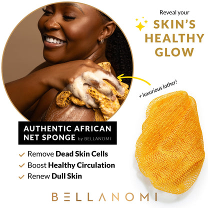 BELLANOMI African Exfoliating Net Sponge, Authentic, Ethically sourced from Nigeria, 45 inches Long, Back Scrubber for Daily use (Yellow)