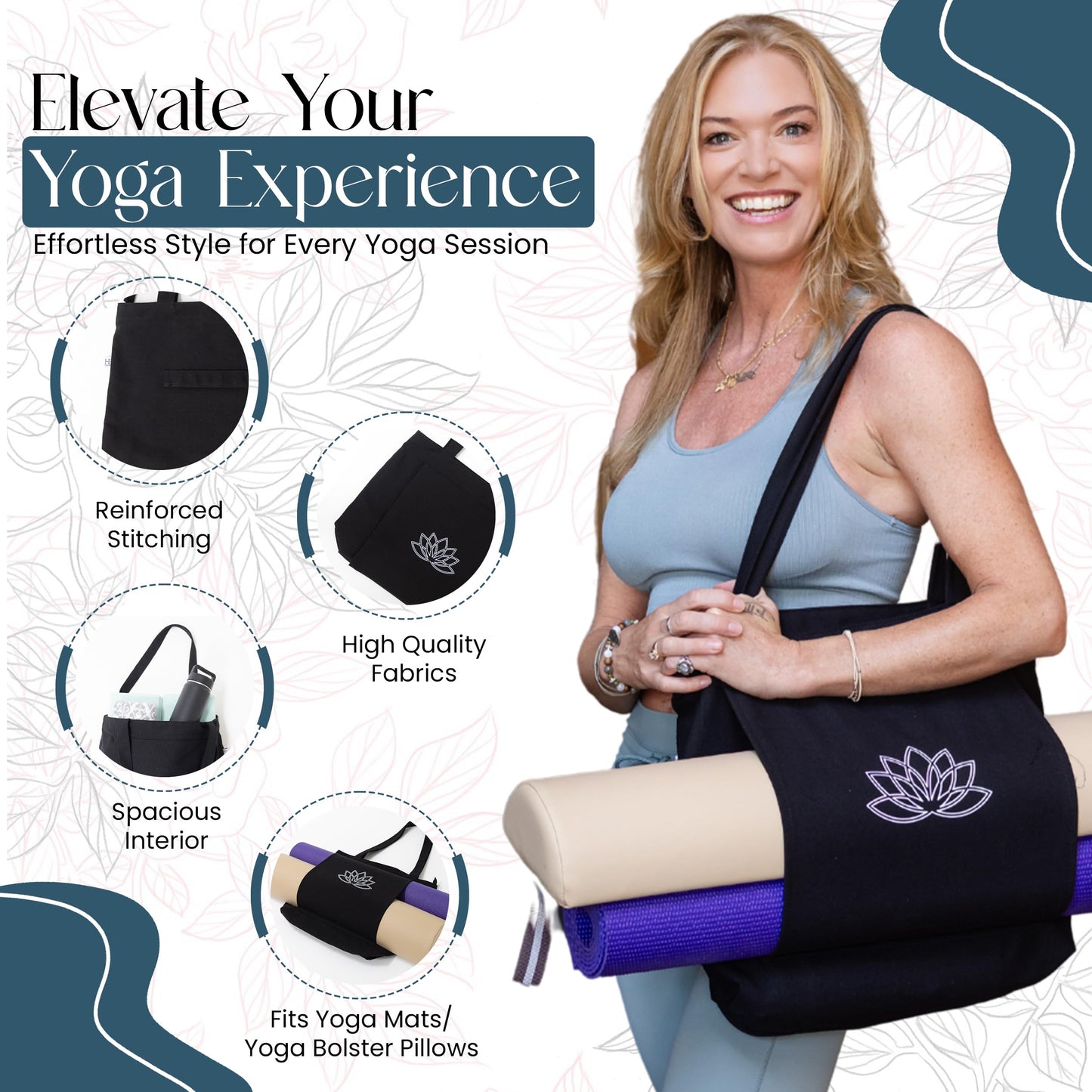 Hygge Beaute Black Yoga Bag for Women with Yoga Mat Carrier Bag for Small Sized Mats (17"x13.75"x5")-Canvas Shoulder Handbag Nurse Women Tote Bag for Workout, Travel, Beach, Yoga and Gym