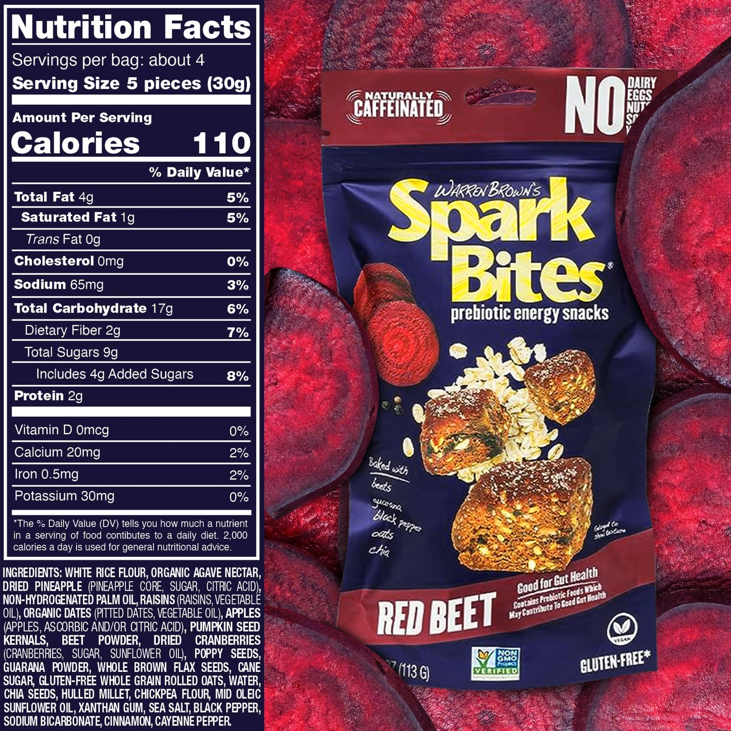 SPARK BITES - Red Beet (Pack of 6) Allergen Free Vegan Healthy Energy Snack - A Steady Release of Wholesome Energy with NONE OF THE TOP 9 ALLERGENS - Vegan, Non-GMO, Gluten-Free