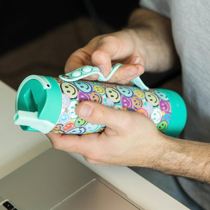 Elemental Iconic Kids Water Bottle with Straw Lid & Stress Reliever Pop It Handle, Leak-Proof When Closed, Triple Insulated Stainless Steel Reusable Thermos Water Bottle, 20oz -Graffiti Smile