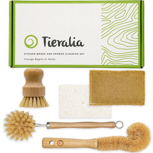 Tieralia 5-Piece Eco-Friendly Bamboo Dish Brush Set with Compostable Wood Pulp Sponges | Bamboo Dish Brushes Kitchen Cleaning Set | Dish Brush Set | Dish Brush