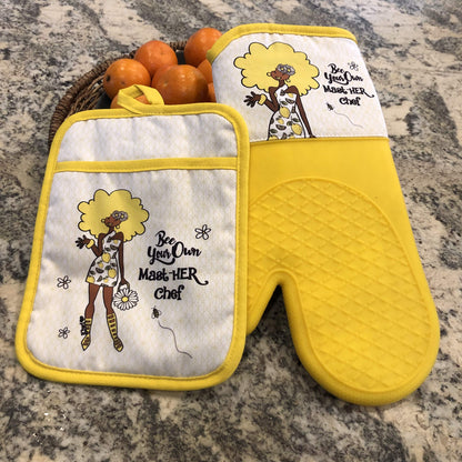 Shades of Color Bee Your Own MastHER Chef potholder: 8.75 x 6.75 inches , oven mitt: 12.75 x 7.25 inches