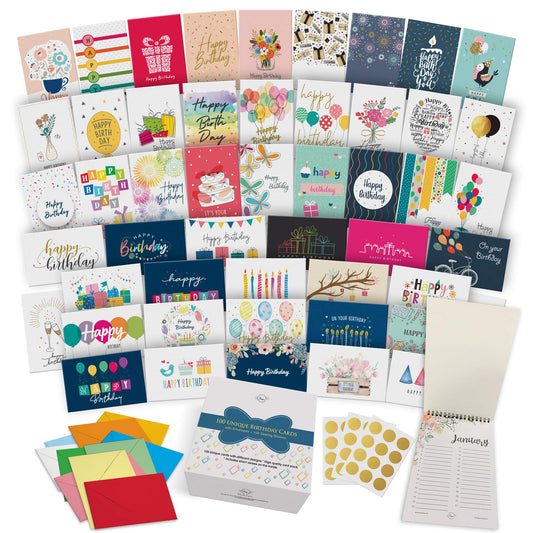 Dessie 100 Unique Birthday Cards Assortment with Greetings Inside for Businesses and Individuals.100 Assorted Color Envelopes, Gold Seals, Birthday Calendar in Sturdy Storage Box