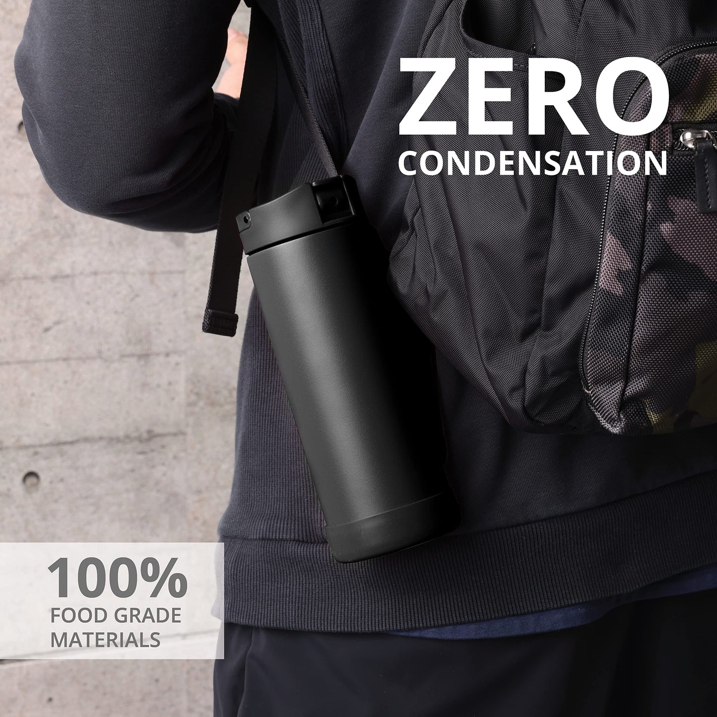 Elemental Iconic Kids Insulated Water Bottle with Straw Lid & Stress Reliever Pop-It Handle, Leak-Proof When Closed Water Bottle Kids - Stainless Steel Water Bottle For Kids, 14oz - Black