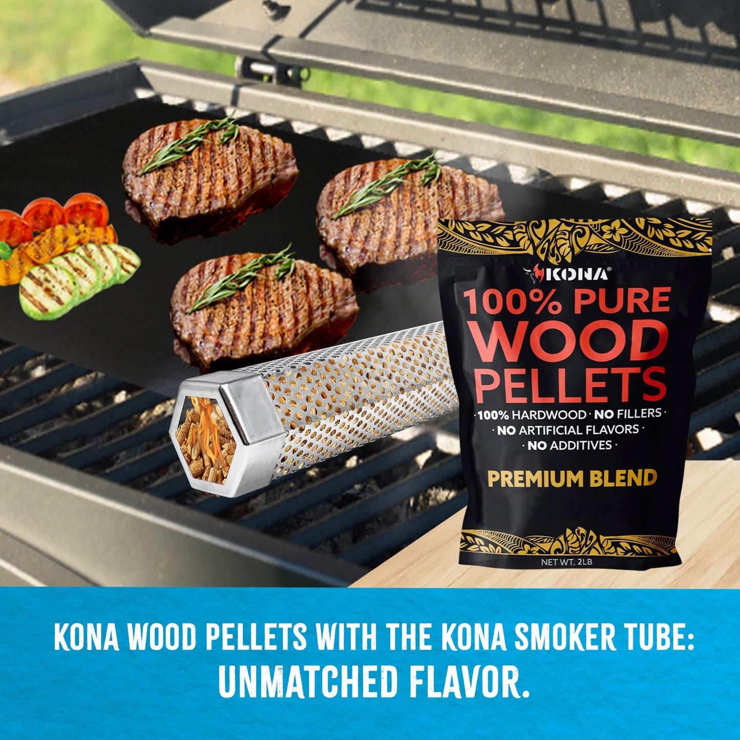 Kona Wood Smoker Tube & Smoking Pellets Set - Hot & Cold Smoke for Charcoal, Electric, Gas & All BBQ Grills - Stainless Steel 12 Inch Hexagon & 14 ounces of Premium Blend Hardwood