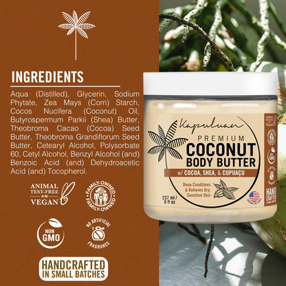 Kapuluan Coconut Body Butter for Women Dry Skin, Body Butter with Raw Coconut Oil, Cocoa Butter, Shea Butter & Cupuaçu Butter, Body Cream Whipped Body Butter for Women (Coconut Scent)