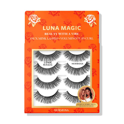 LUNA MAGIC Hermosa Faux Mink Lashes, Multipack, Voluminous 3-D Curl, Reusable, Wispy & Natural, Cruelty Free, 13MM, 4 Pairs