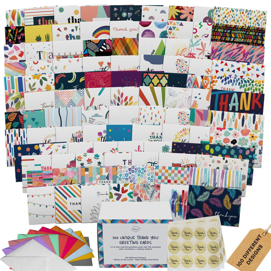 Dessie 100 Unique Thank You Cards Bulk - Blank Note Cards with 100 Different, Colorful Designs, No repetition. Colorful Envelopes, Gold Seals and Sturdy Storage Box.