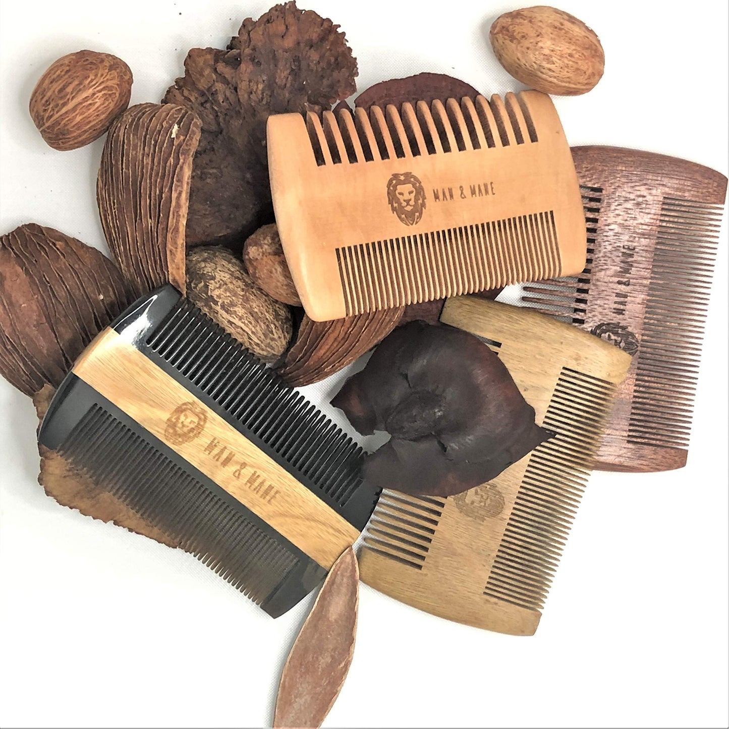 Premium Natural Ox horn and Sandalwood Beard Comb Dual-Action | Double Sided Beard & Mustache Comb with Brown Protective Case | Perfect Grooming Companion & Gift for Men – by Man & Mane
