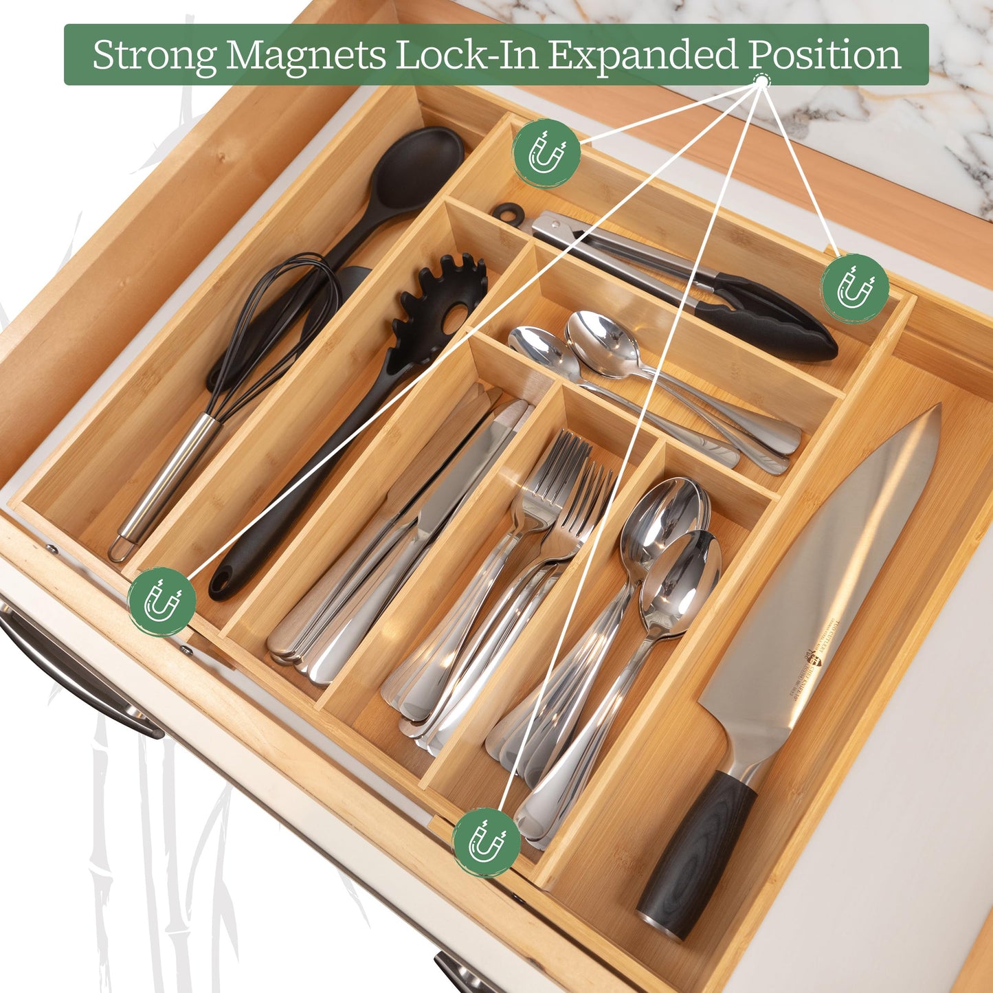 randomgrounds Utensil Drawer Organizer - 3" Deep 100% Bamboo Wooden Expandable Adjustable Kitchen Silverware Flatware Cutlery and Accessories Home Pantry Storage Organization Tray with Magnetic Lock