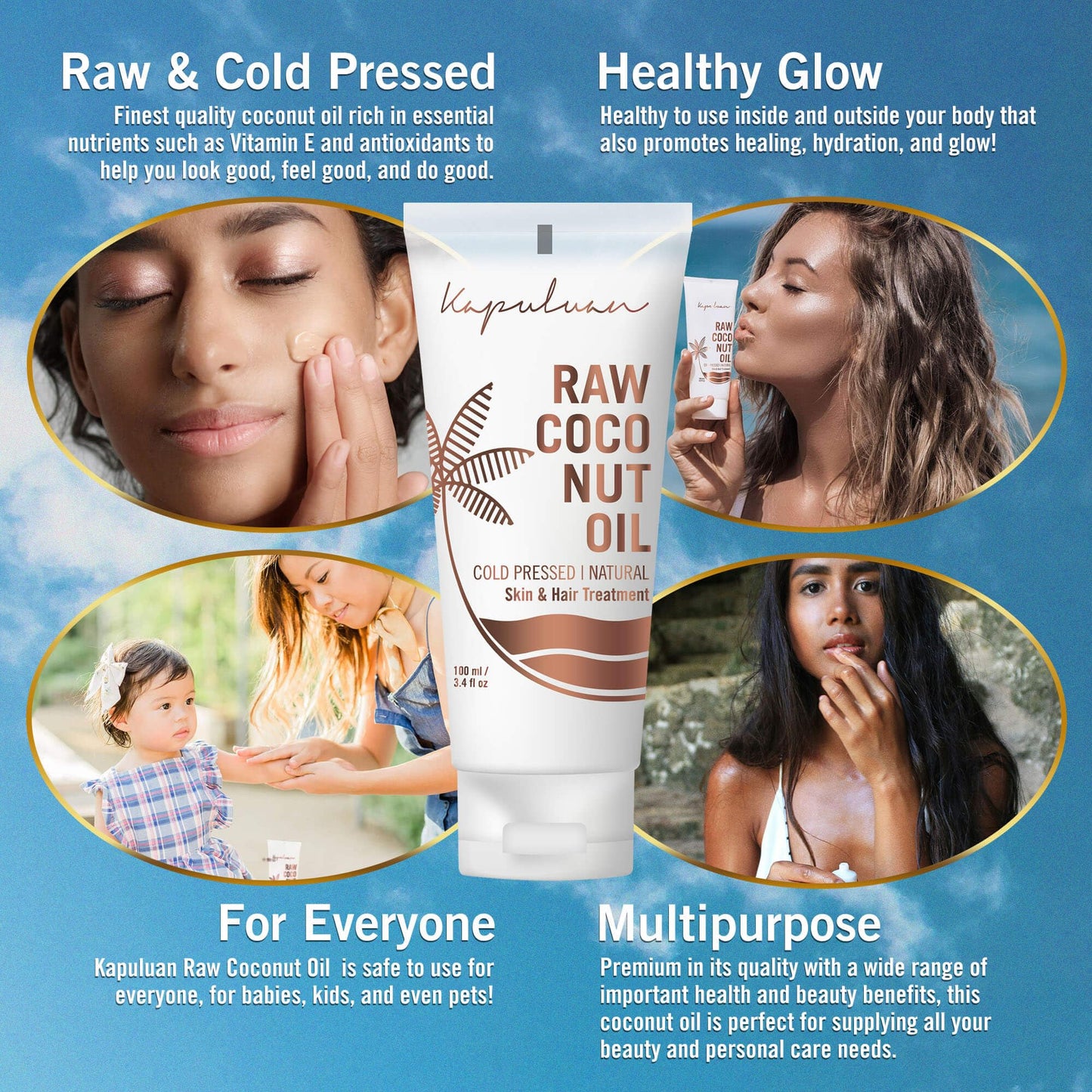 Kapuluan Pure Coconut Oil for Hair, Skin - Raw Extra Virgin Coconut Oil - Pure Unrefined Cold Pressed Oil with MCTs for Body Care or Haircare, Hair Growth, Aceite de Coco Natural, 100ml